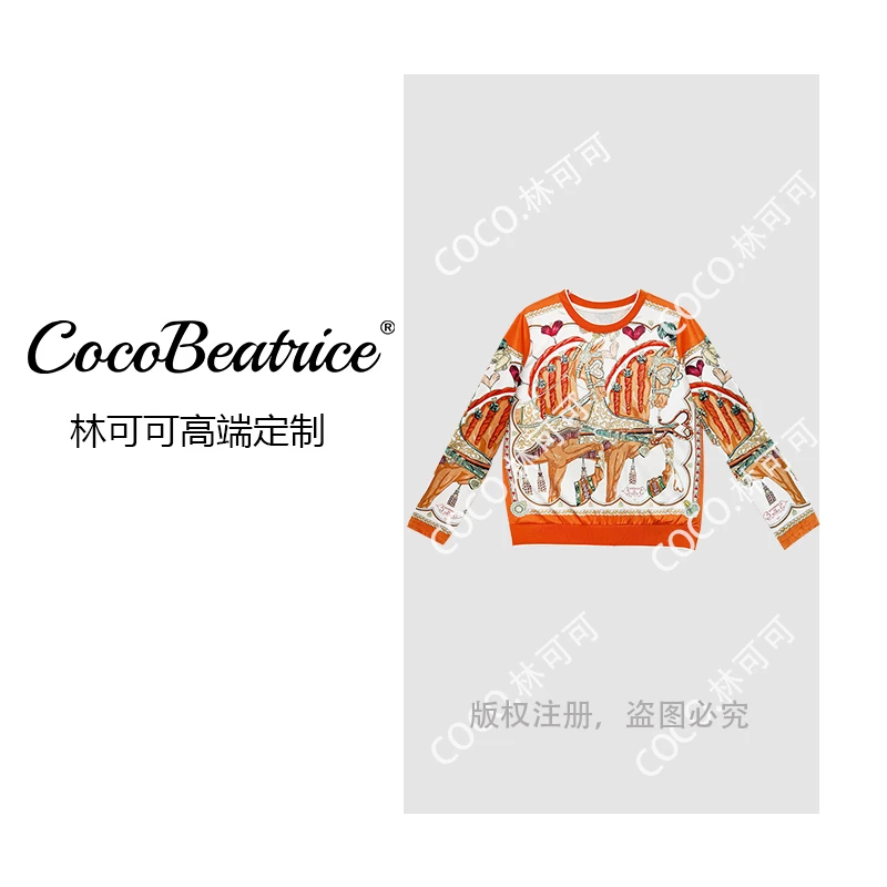 【COCO林可可】"甜蜜鞍具‘’桑蚕丝烫钻印花拼接丝绒长袖卫衣秋冬女