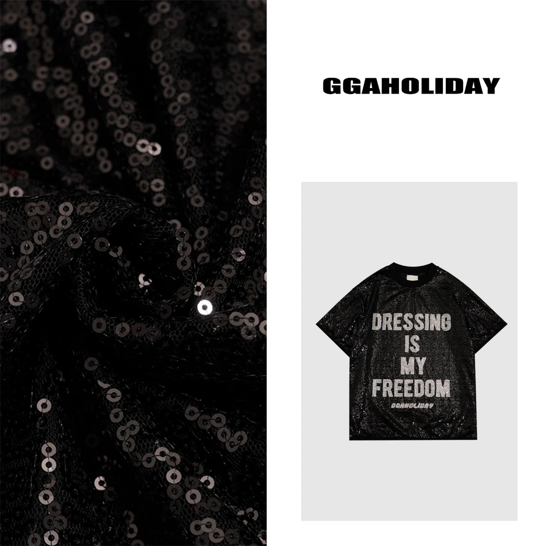 GGAHOLIDAY时尚宽松休闲潮流亮片打底短袖T恤圆领上衣-152604