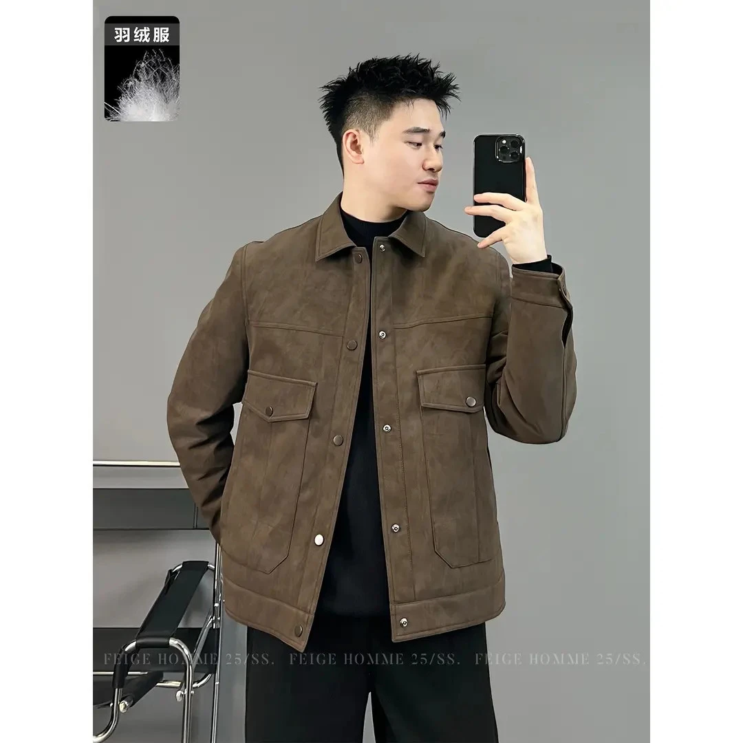 冬季羽绒/轻熟英伦保暖男时尚戴盖修身羽绒皮衣翻领夹外套8555