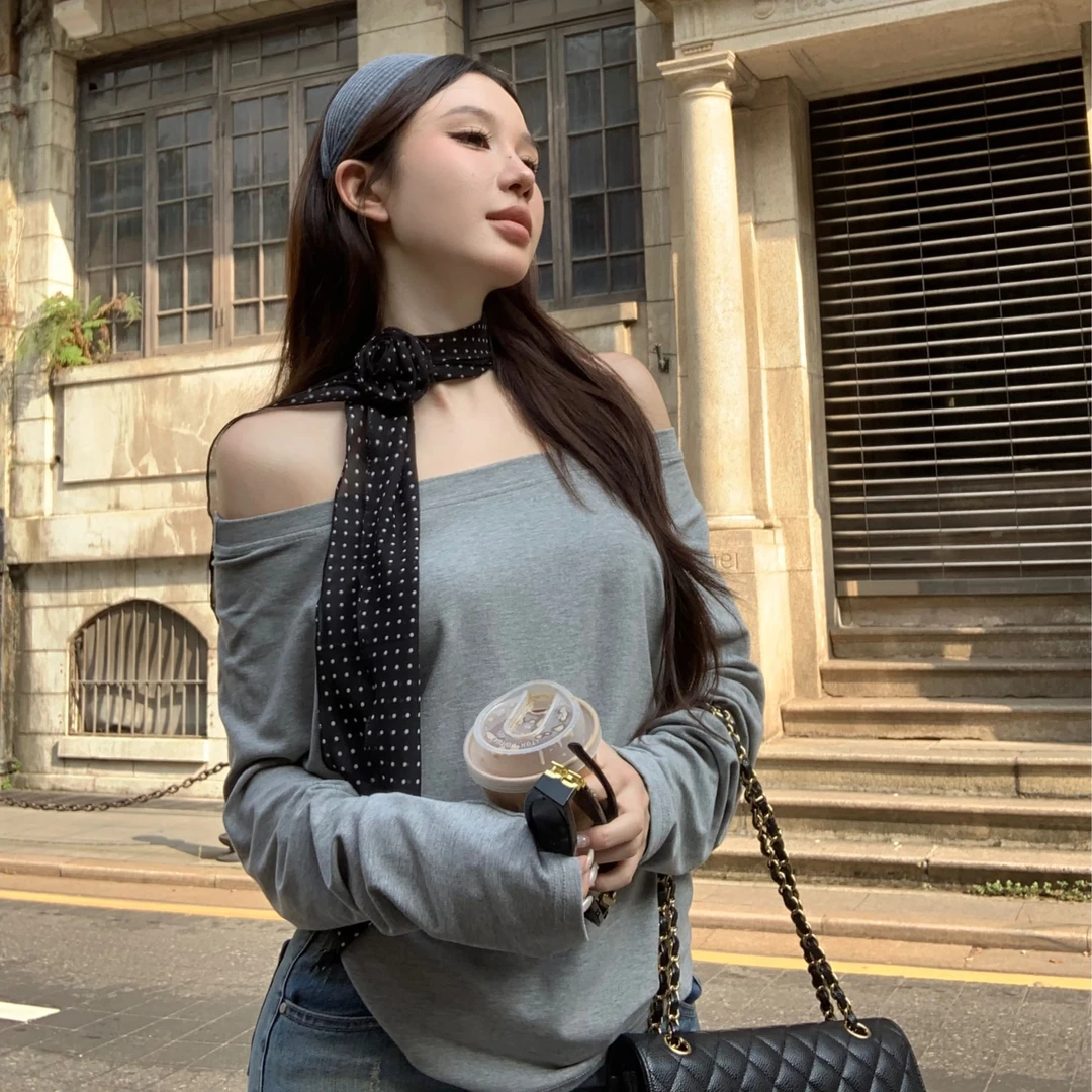 斜肩上衣长袖宽松显瘦慵懒高级感气质修身两穿露肩T恤