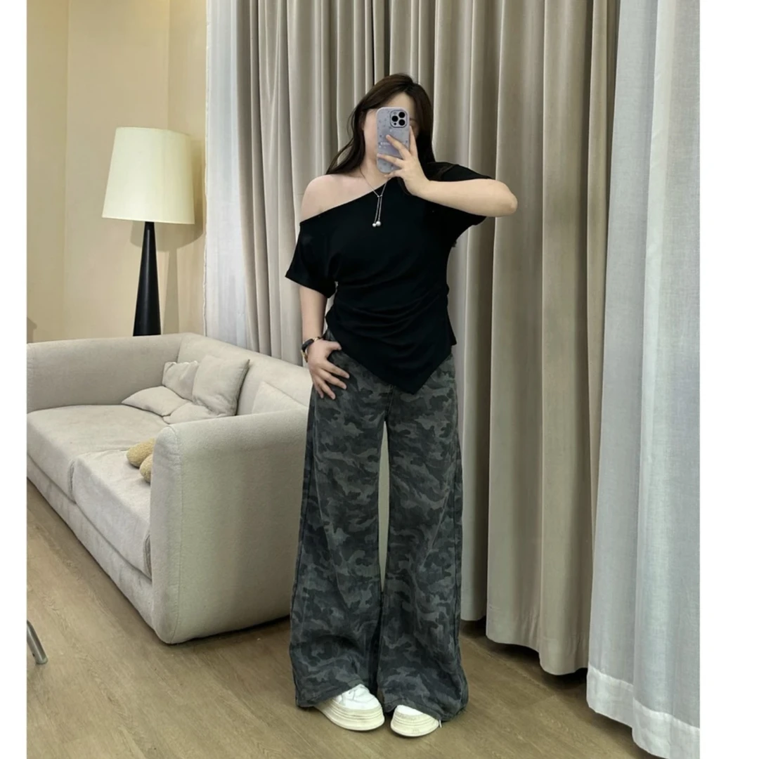 夏季大码迷彩高腰阔腿女士宽松新款直筒软牛仔腿精裤