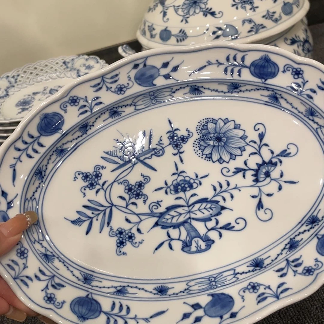 瓷片中古一等蓝洋葱椭圆盘