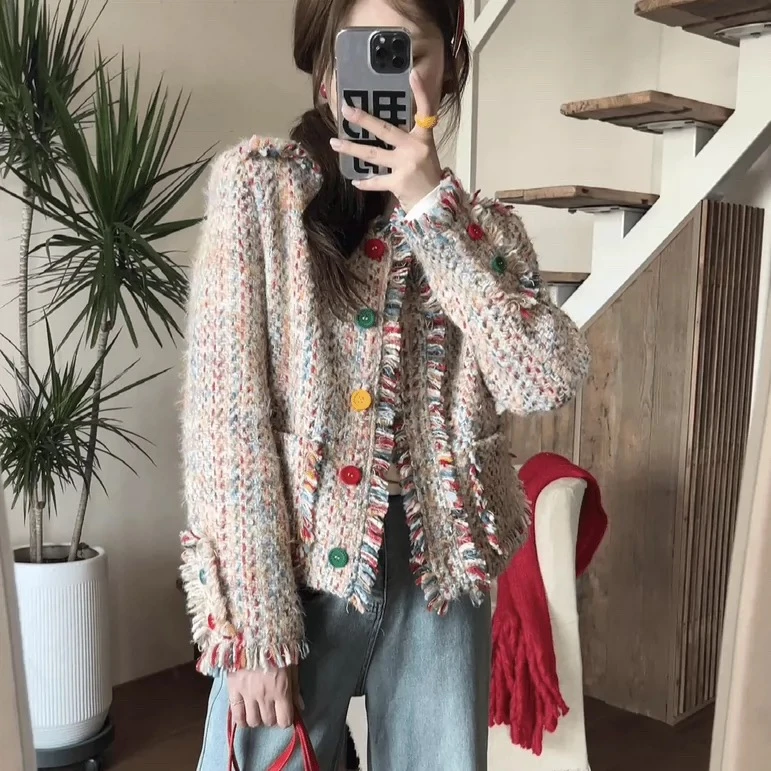 2024年新款冬季多彩粗花呢羽绒小香风服外套保暖9856