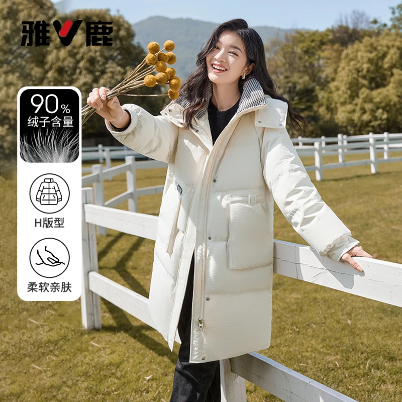 雅鹿千鸟格拼接羽绒服女中长款2025新款可脱卸帽时尚宽松过膝外套