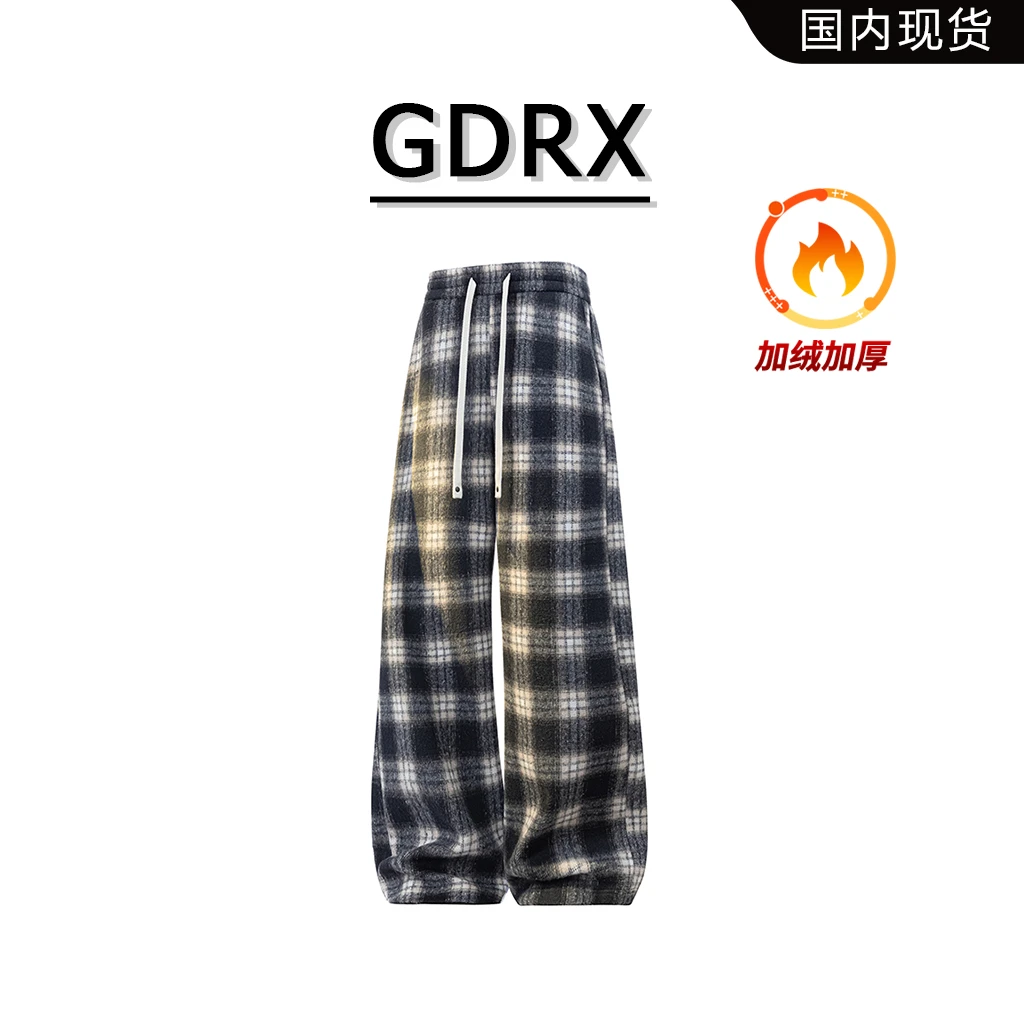 GDRX美式格子加绒男款休闲裤2025秋冬款保暖潮流韩版直筒宽松长裤
