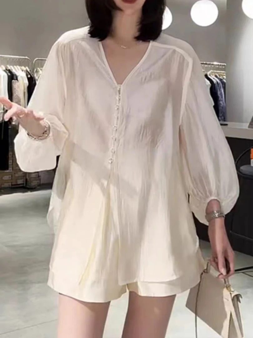 【柚子2件套】ZJ夏季显瘦气质小衫+短裤2件套1625