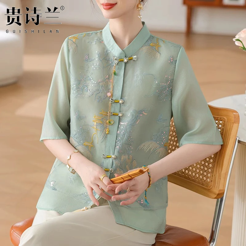 妈妈夏装套装新中式国风上衣新款洋气衬衫中老年女装夏季雪纺小衫