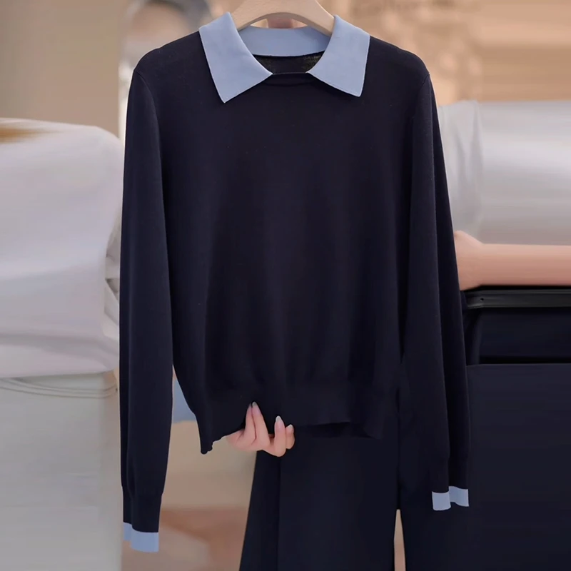 休闲撞色长袖polo针织衫女2025秋季新款内搭打底显瘦减龄气质上衣