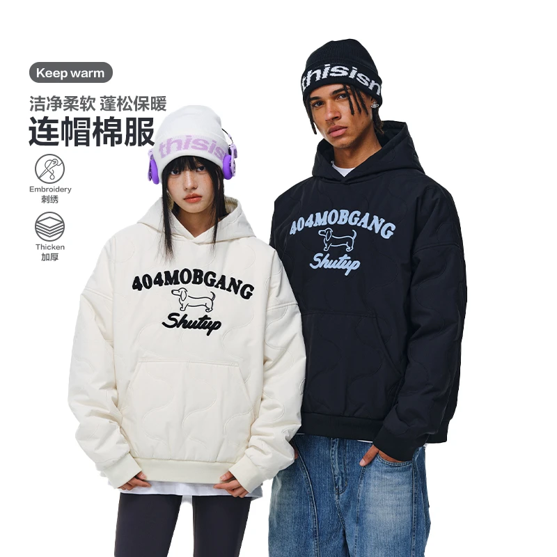 404MOB美式小狗刺绣菱格加厚棉衣外套潮秋冬季连帽棉服情侣卫衣男