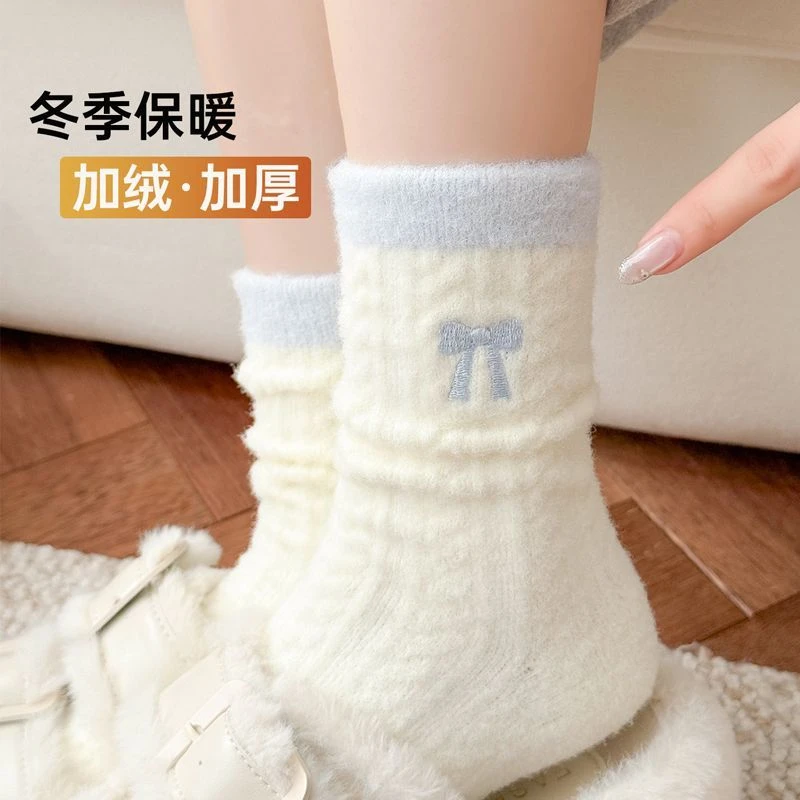 澳绒袜女加绒加厚抗寒保暖中筒袜简约蝴蝶结睡眠地板月子堆堆袜c