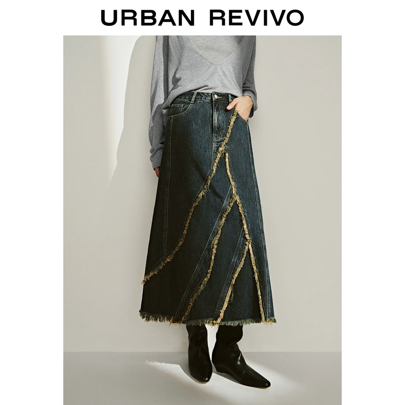 UR2025秋季新款女装不规则设计感毛须牛仔半裙UWH850011