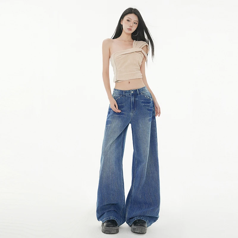 L9008 KRO复古水洗高腰阔腿牛仔裤女时尚休闲宽松直筒垂感拖地裤