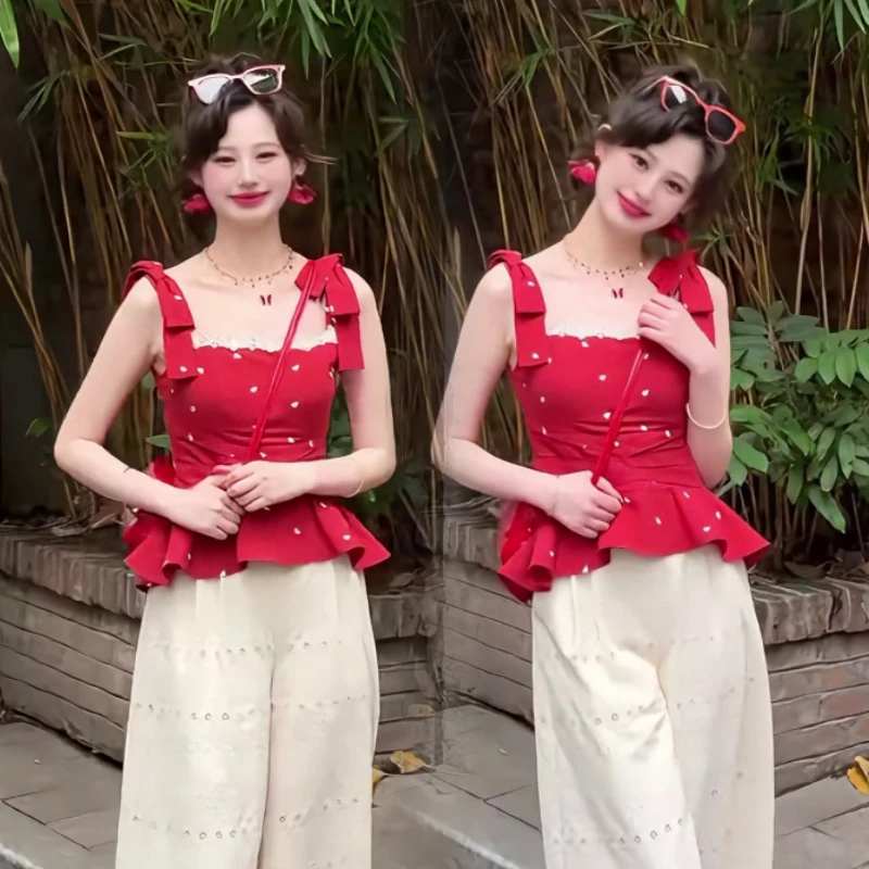 可爱女人法式夏季新款爱心波点吊带背心修身显瘦短款上衣外穿耐不