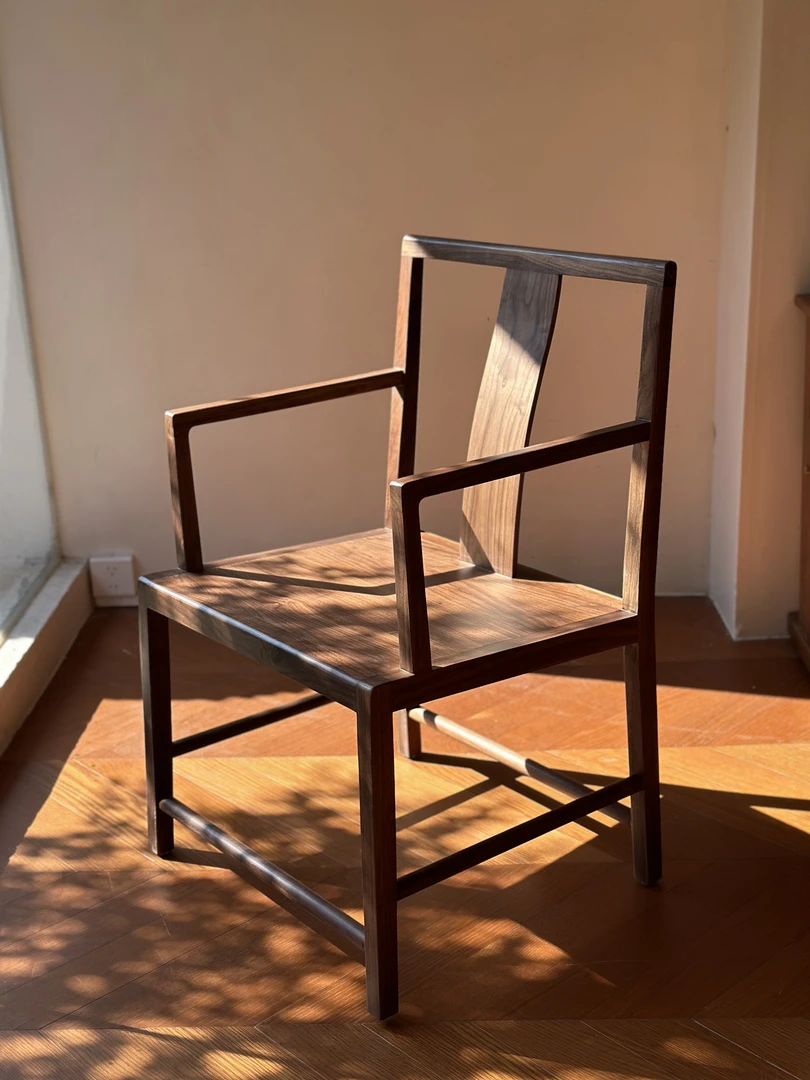 北美黑胡桃素简南官帽椅实木榫卯结构餐椅茶室客椅阳台茶桌小茶台