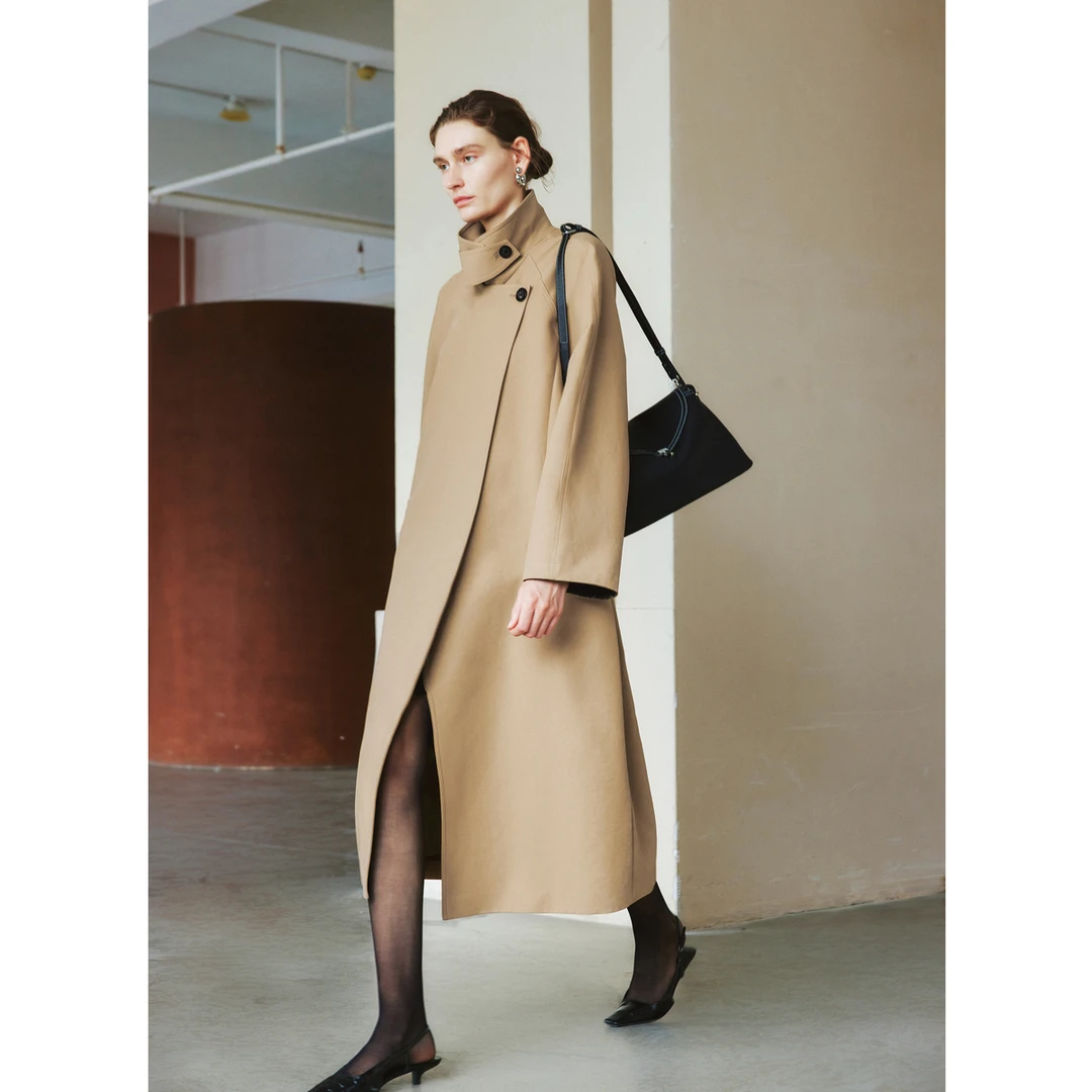 LYNEE【建筑语言】中长款卡其色时尚廓形风衣棉大衣外套LGD2FAW008