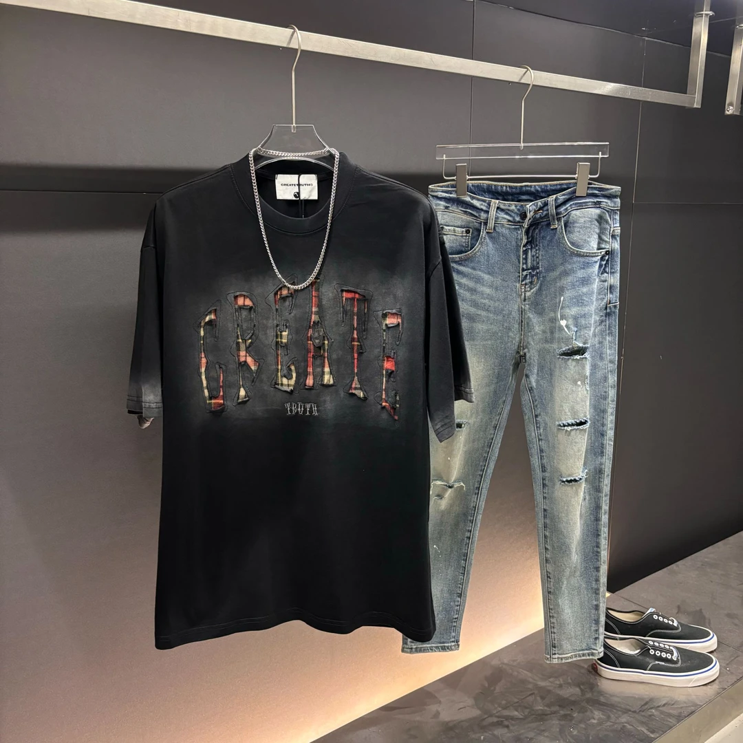 INFI 夏季新款美式小众重工做旧手工剪破刺绣短袖宽松T恤潮