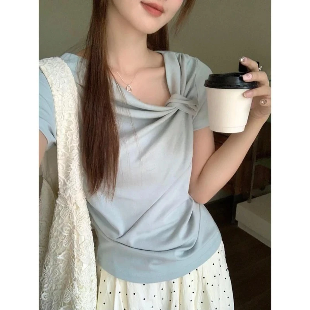 小个子夏季纯欲风设计感不规则正肩短袖百搭褶皱修身显瘦T恤上衣