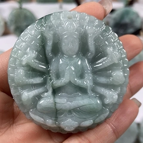 翡翠颈饰未镶嵌山水千手观音两面工福利翡翠