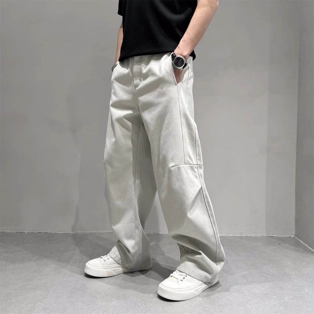 日系复古结构分割切线阔腿弯刀裤男冬季薄绒宽松百搭痞帅拖地长裤