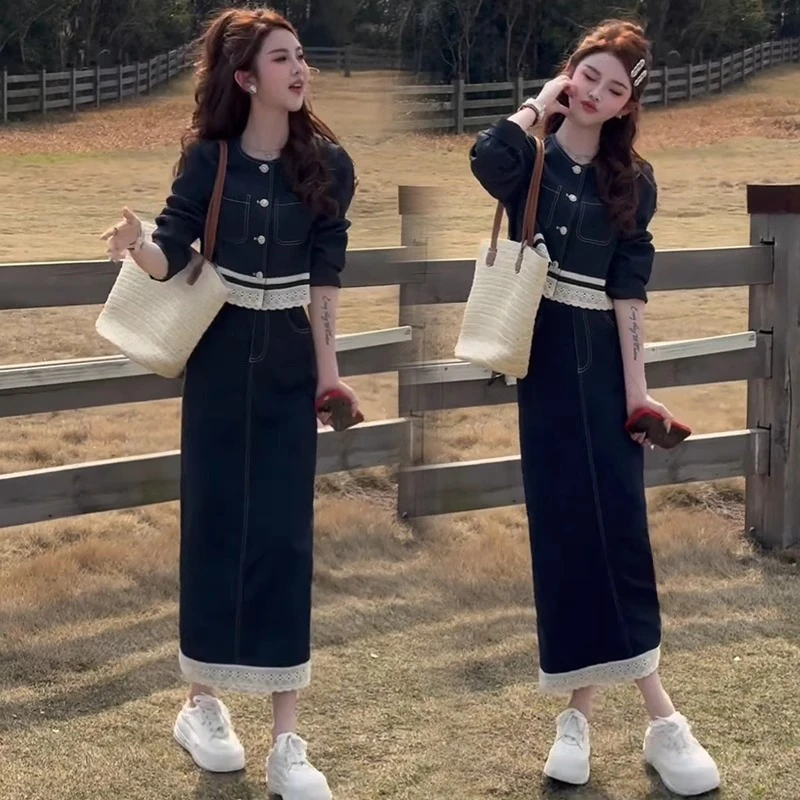 时尚春秋牛仔套装裙女2025新款小个子蕾丝边外套半身裙两件套6558