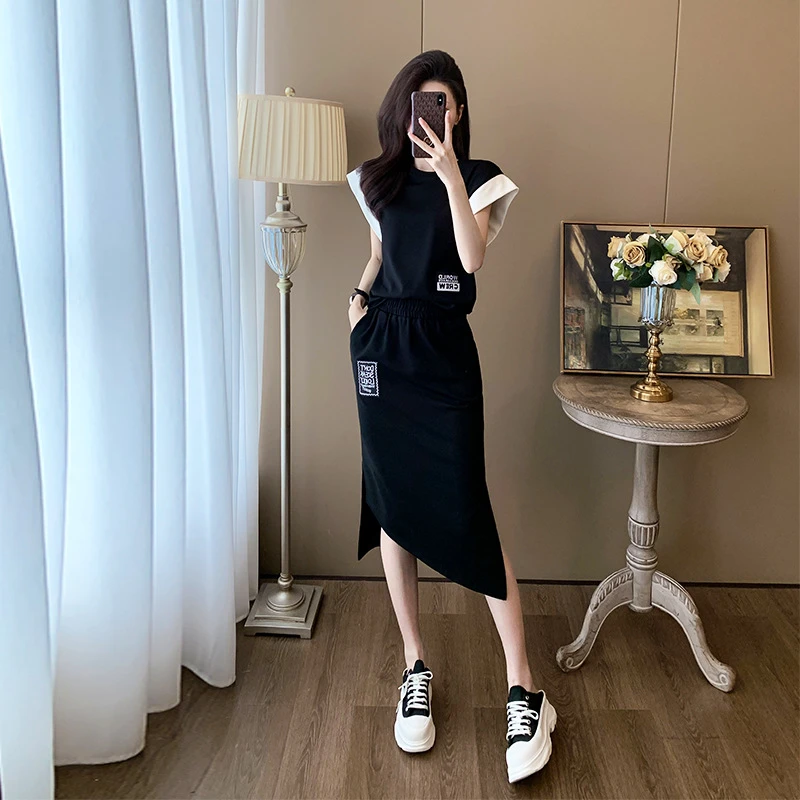 设计感小众黑色洋气宽松套装女夏拼接短袖T恤中长款半身裙两件套