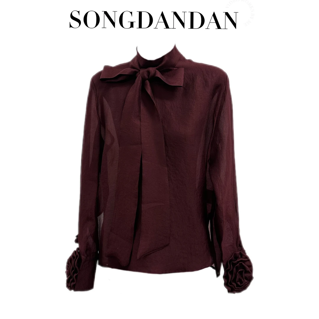 【DDS】新款气质时尚打底飘带花朵衬衫