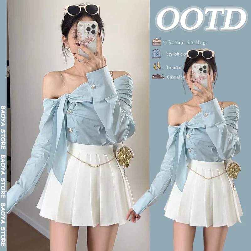 春季搭配一整套2025新款韩系辣妹露肩蝴蝶结衬衫百褶短裙两件套装