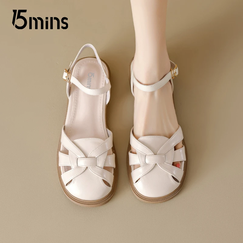 15MINS罗马编织包头凉鞋女子2025新款夏季平底百搭复古镂空猪笼鞋