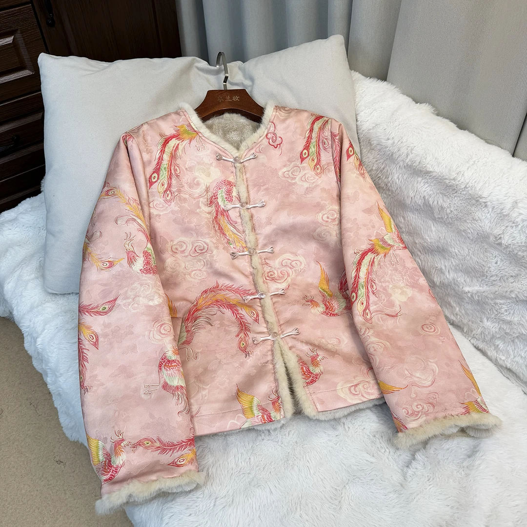 【鸿彩凤】女装冬款外套水貂毛香云老料新中式立领提花百搭风双穿女