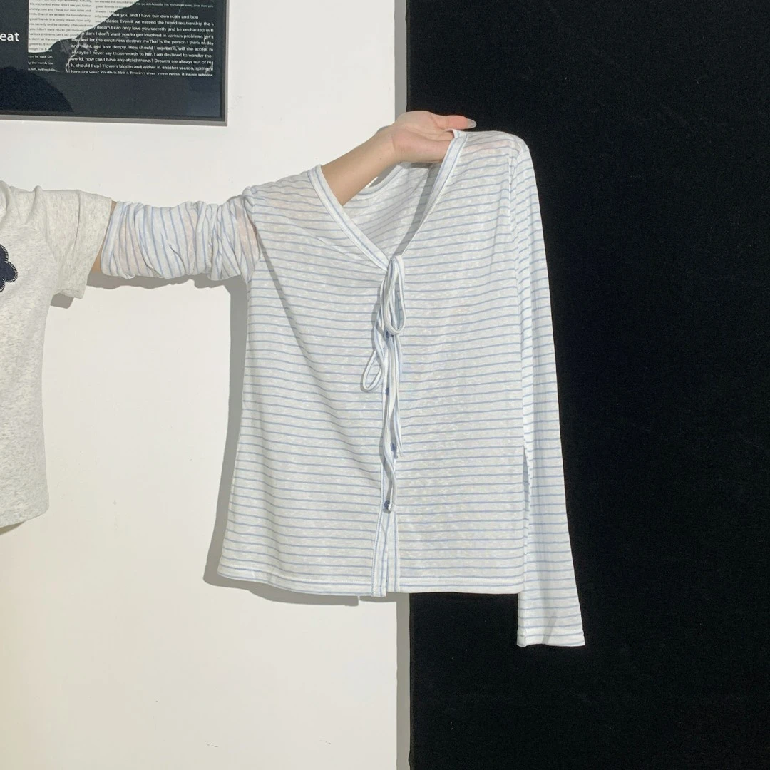 韩系薄款微透蓝色条纹纽扣绑带长袖T恤女装2025秋季新款开衫上衣
