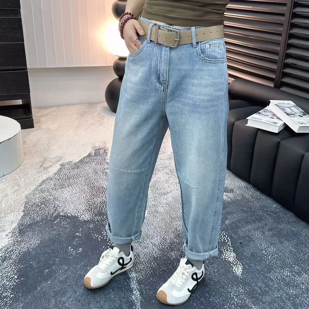 绣绣◆春夏季新款时尚设计网红细闪新工艺宽松百搭弹力牛仔裤80162
