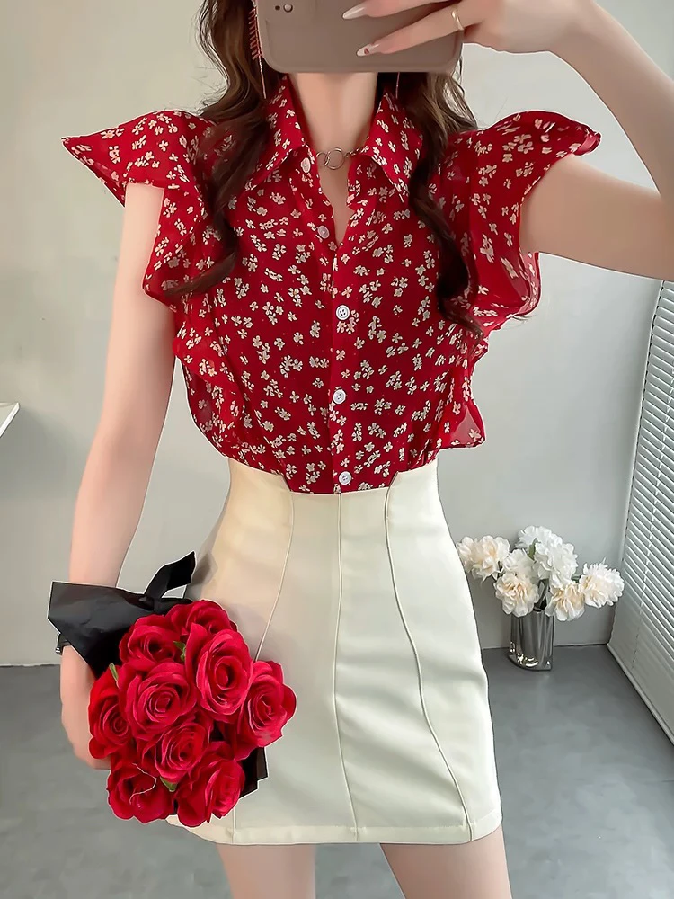 碎花雪纺上衣女夏显瘦飞飞袖衬衣高级感气质名媛翻领衬衫