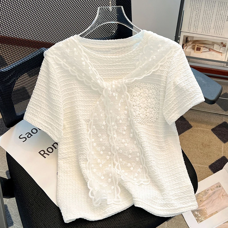 档口不确定开 女装韩系甜美蕾丝飘带上衣洋气宽松百搭正肩短袖T恤