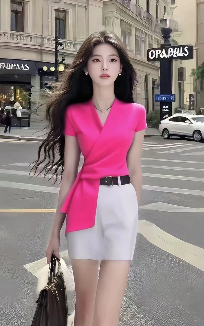 新款时尚温柔风玫红色修身短袖V领收腰不规则上衣+白色百搭半身裙