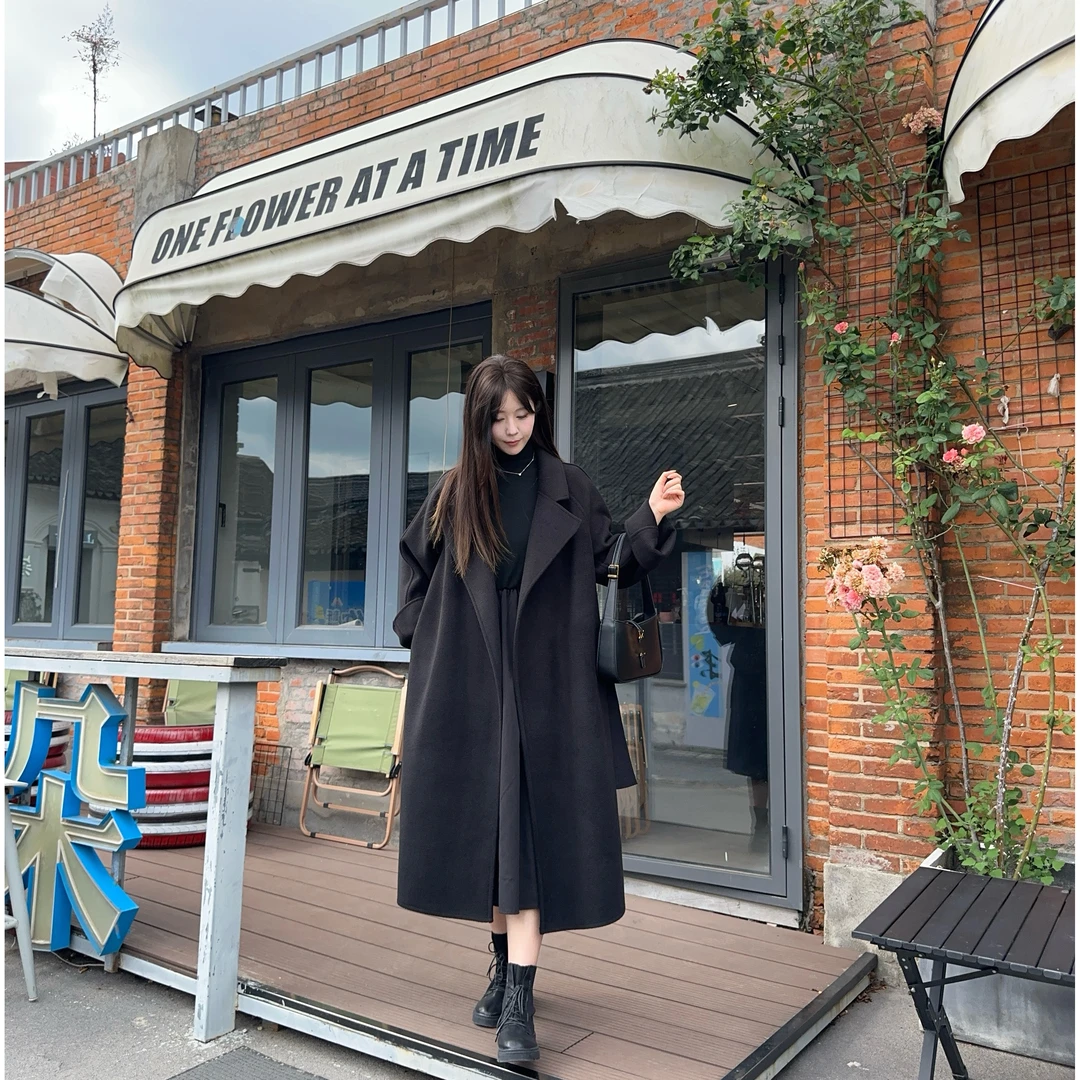 FQ秋冬新款双面绒大衣女中长款毛呢外套宽松赫本风气质西装领厚