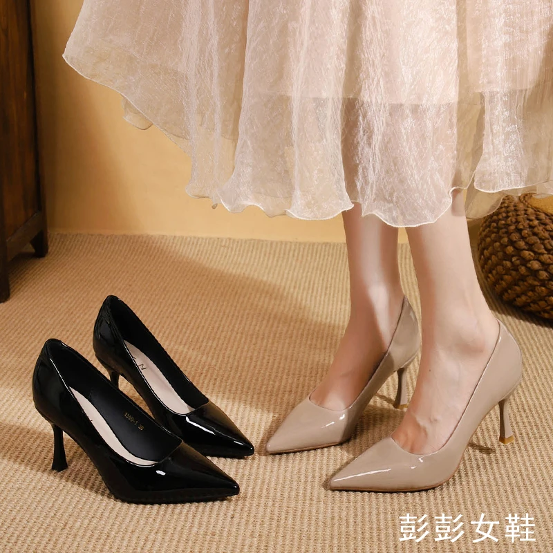法式尖头百搭细跟高跟鞋上班高跟鞋漆皮气质性感浅口秋季职业单鞋