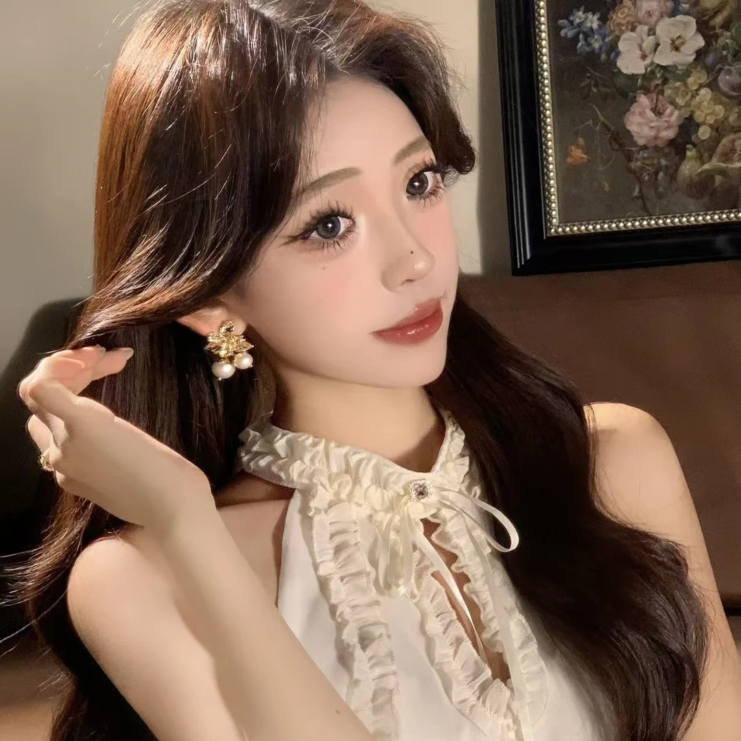 FULL GIRLISH耳环00485金色花朵珍珠耳环耳饰