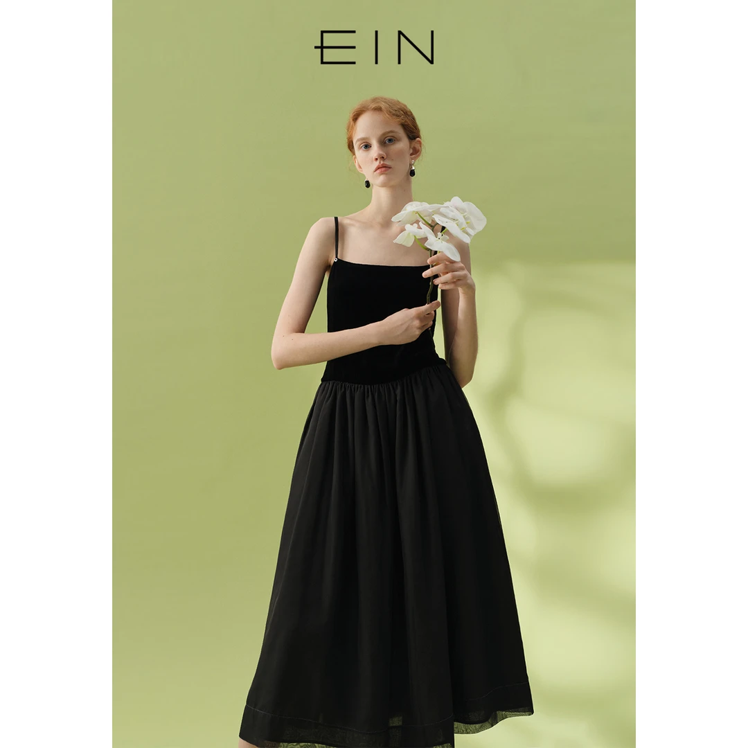 EIN/言【静奢老钱风】老钱风乔绒方领可调节设计吊带裙25早春款