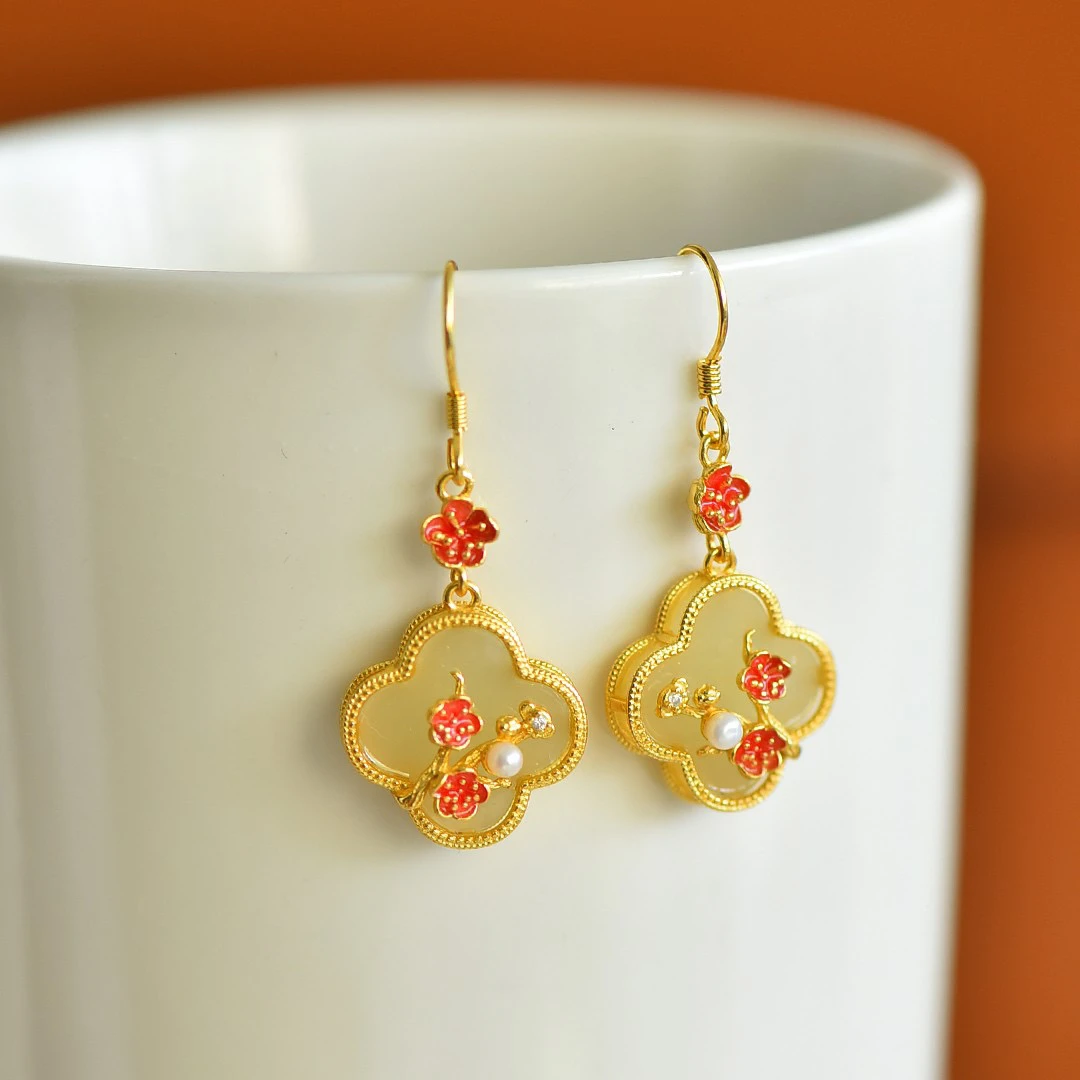 s925银镶和田玉梅花耳坠多样性2680#