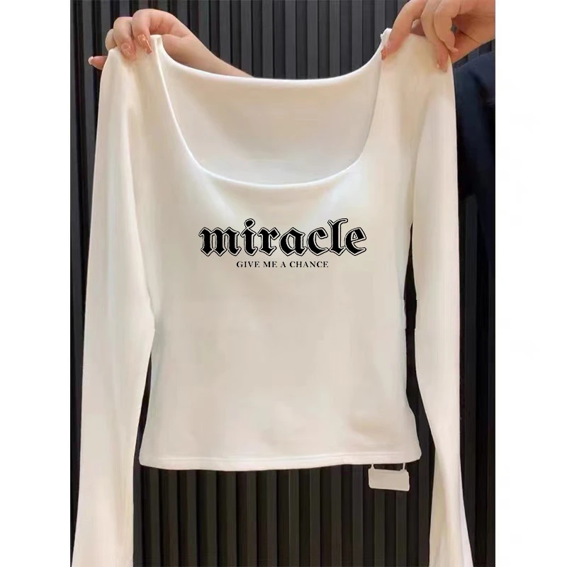 方领打底衫女内搭早秋长袖上衣修身显瘦洋气百搭时尚低领印花t恤