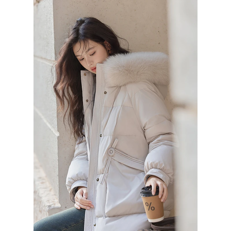 谜秀冬季长款连帽羽绒服狐狸毛领面包服鸭绒被子服女MXD56Y0054
