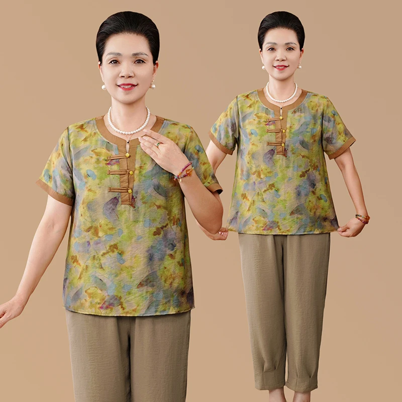 妈妈装夏装新中式洋气短袖两件套中老年女装妈妈装薄款国风套装女