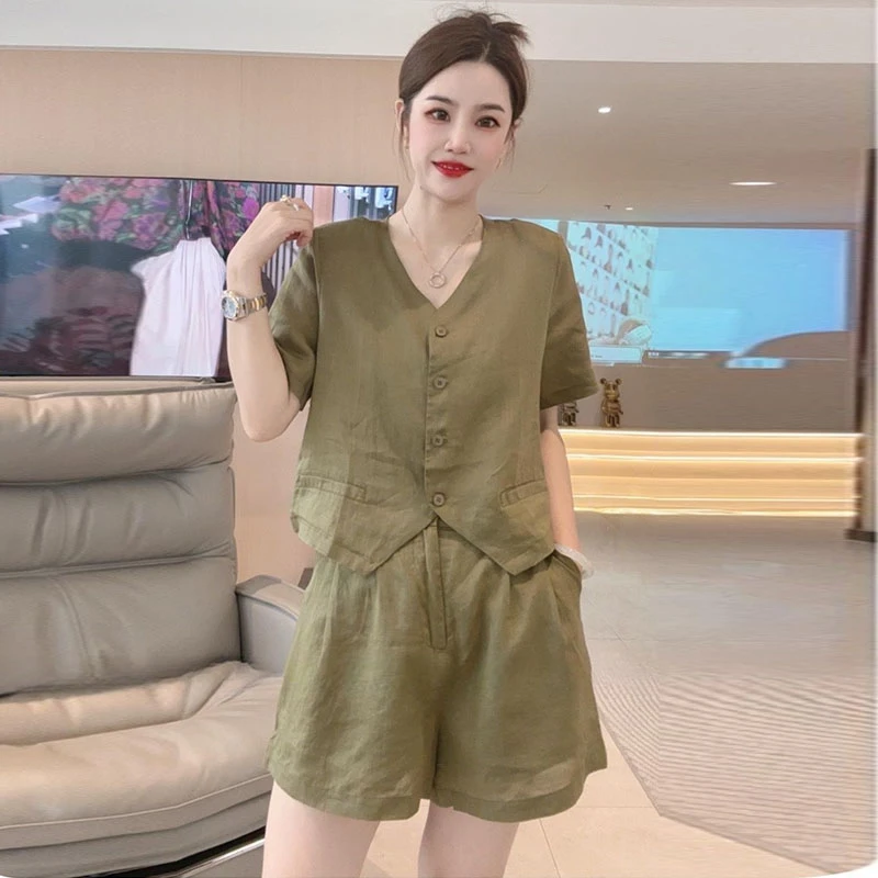 纯棉高级感休闲套装女2026年夏季新款时尚宽松减龄衬衫短裤两件套