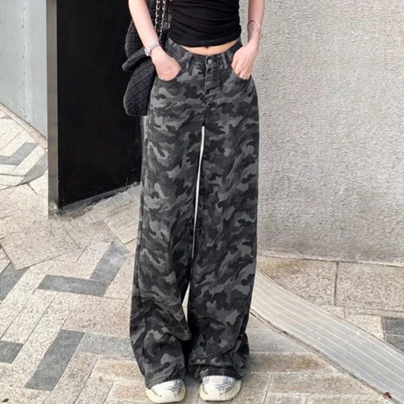 欧美高腰夏季长裤牛仔裤迷彩裤子高街印花cleanfit风