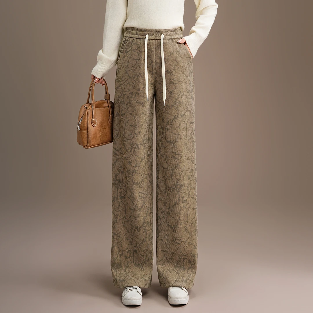 加厚羊毛呢复古碎花直筒阔腿裤休闲百搭女裤子2025秋冬新款长裤