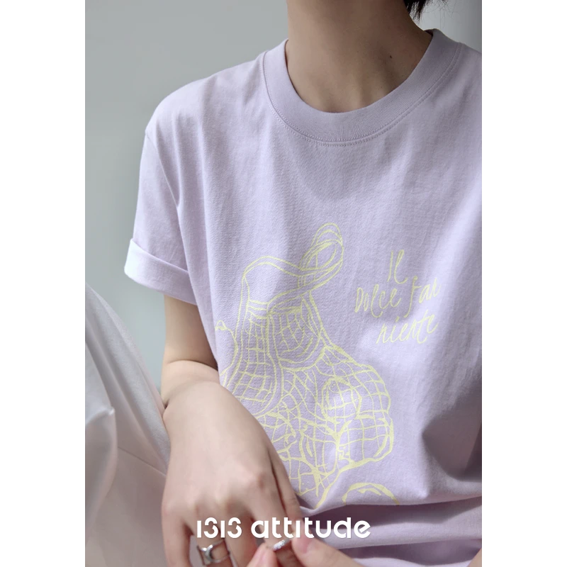 1313温柔显白芋紫色印花短袖2025夏女宽松透气简约撞色休闲棉T恤