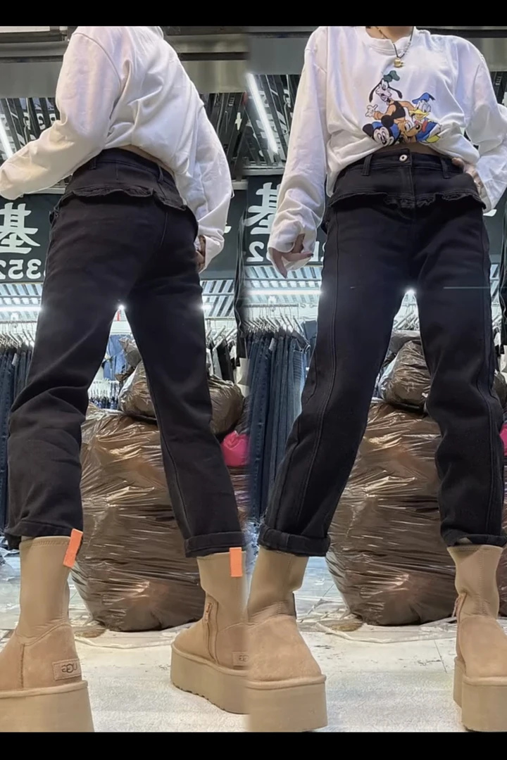 秋冬新款时尚牛仔裤女2025大码显瘦遮肉微弹八分黑边直筒烟管裤