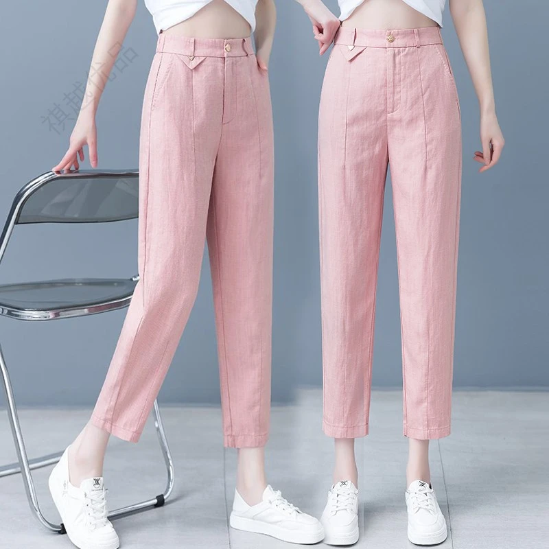 亚麻哈伦裤女夏薄款2025新款高腰显瘦直筒烟管裤棉麻九分休闲裤子