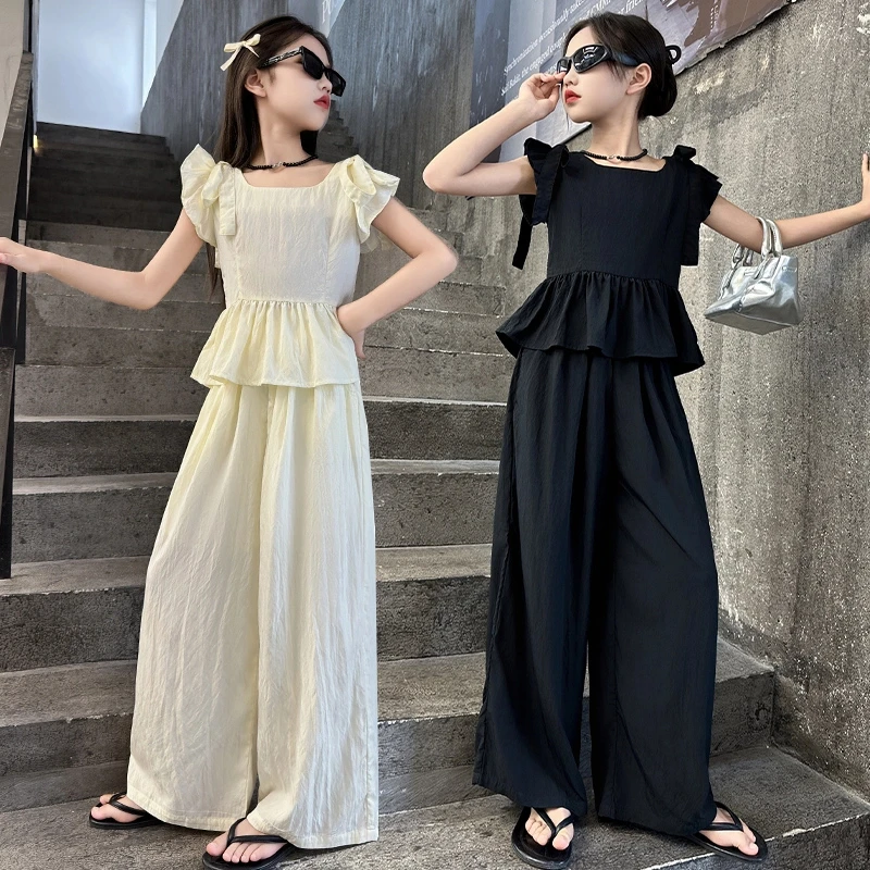 女童套装2024夏季新款韩版洋气时髦儿童短袖上衣阔腿裤两件套童装