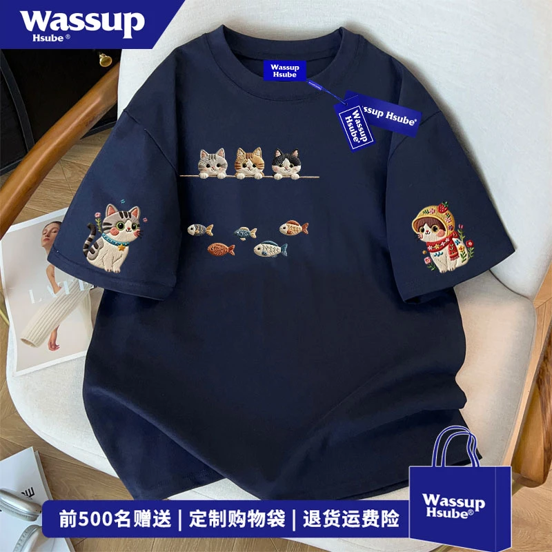 WASSUP HSUBE 嘻哈仿刺绣小猫印花纯棉上衣夏季百搭藏青色短袖T恤